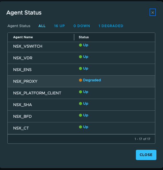 NSX Agent Status panel showing 16 agents up and NSX_PROXY as the single degraded agent