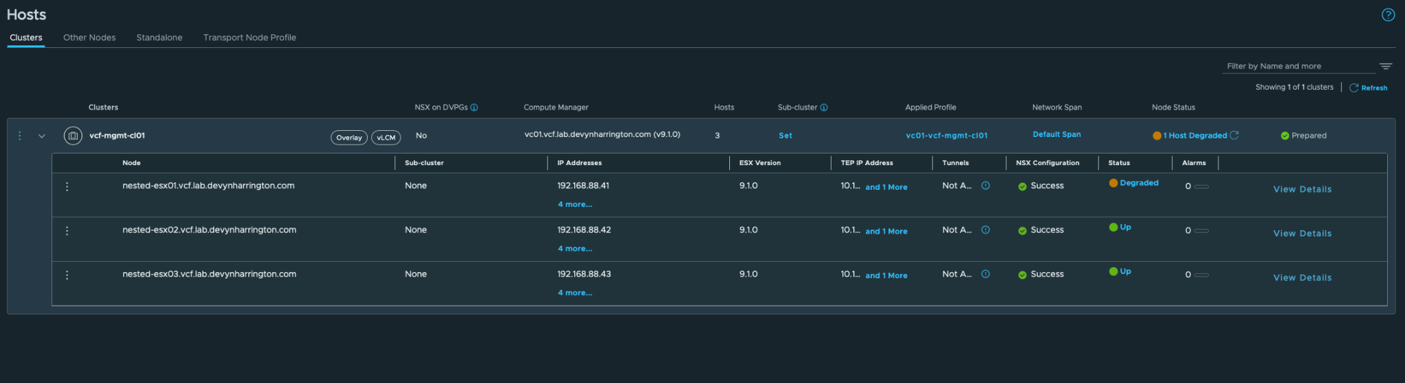 NSX Hosts page showing nested-esx01 configured successfully but degraded while nested-esx02 and nested-esx03 are up