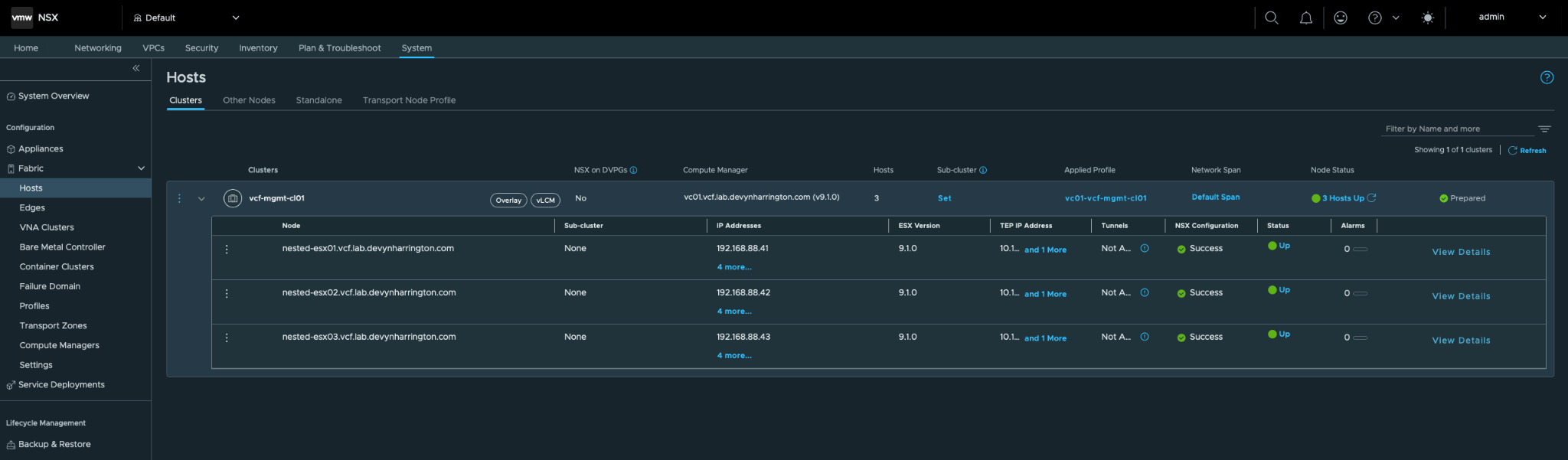 NSX Hosts page showing vcf-mgmt-cl01 prepared with all three nested ESXi hosts configured successfully and up