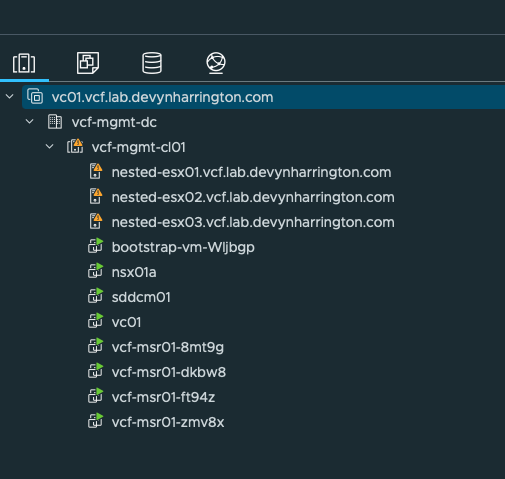 vSphere inventory showing bootstrap and VCF Management Services Runtime virtual machines