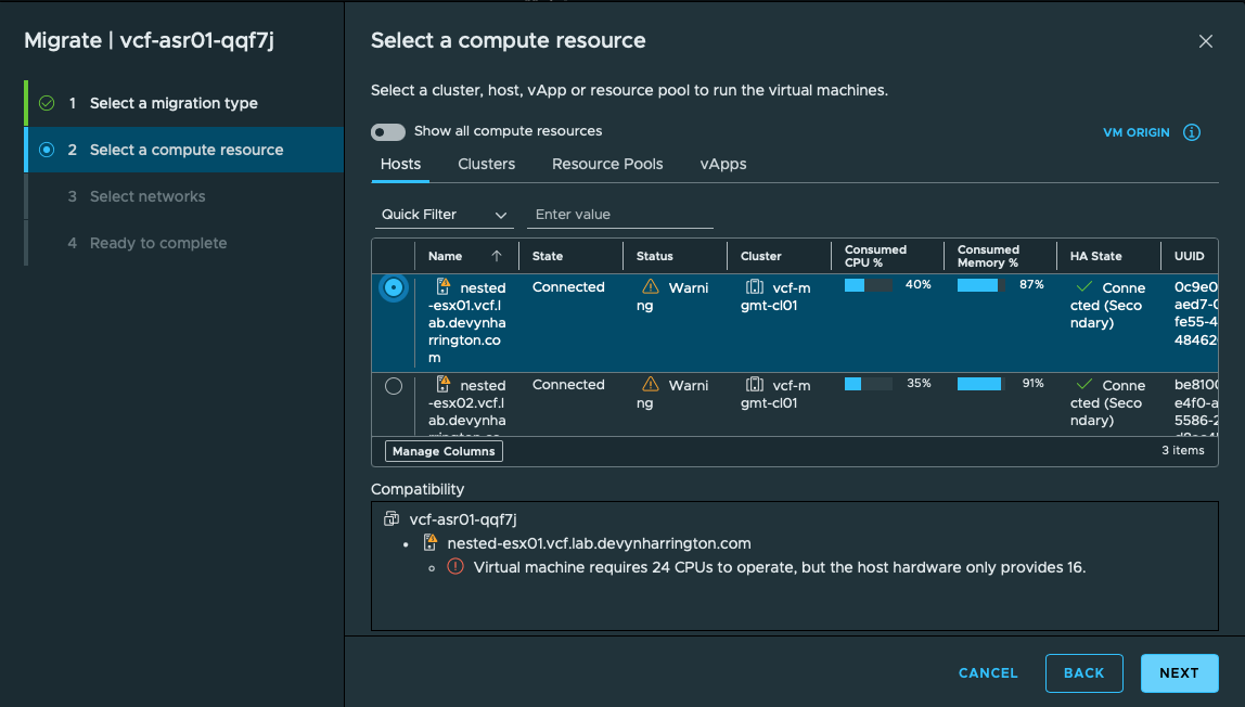 vSphere migration compatibility check showing the VCF Automation VM requires 24 CPUs while the host provides 16