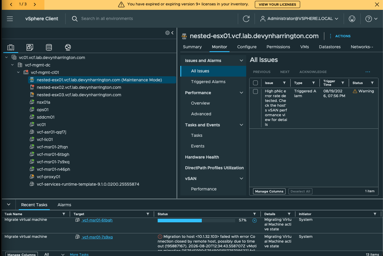 Inner vCenter showing nested-esx01 in maintenance mode while its remaining virtual machines migrate to other hosts