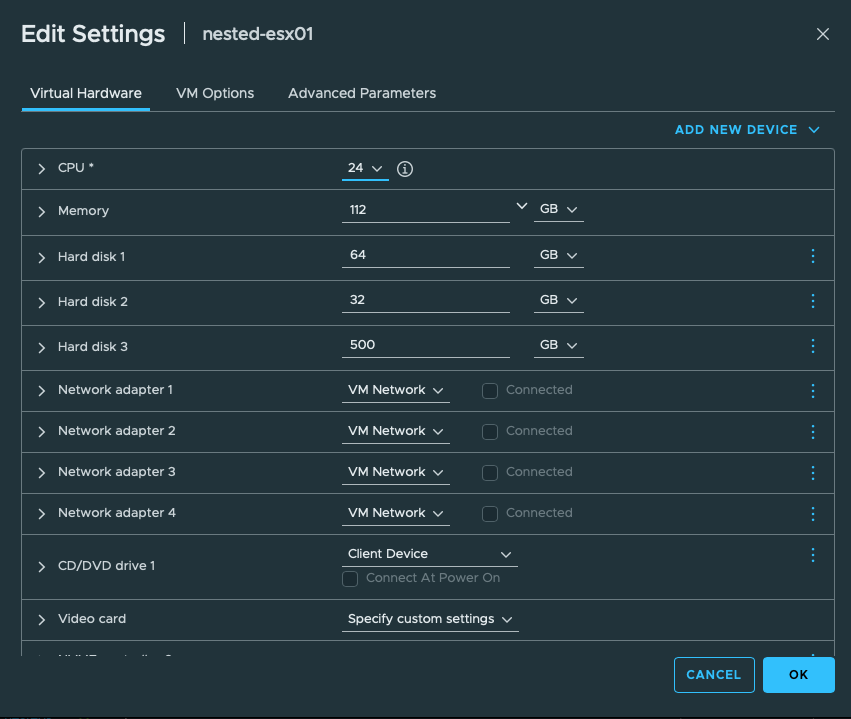 Outer vCenter Edit Settings dialog showing nested-esx01 configured with 24 vCPUs and 112 GB of memory