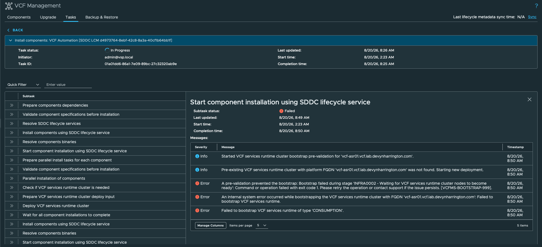 VCF Operations lifecycle view showing the failed VCF Automation component installation