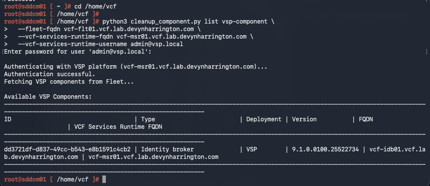 SDDC Manager cleanup script listing the stale VCF Automation services runtime