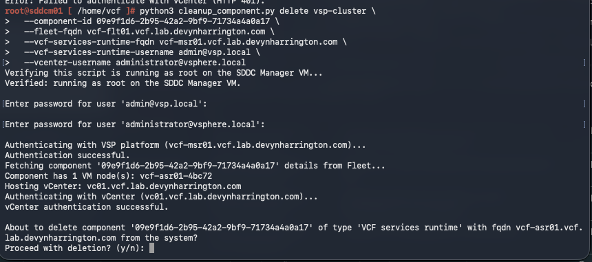 SDDC Manager cleanup script deleting the verified stale VCF Automation services runtime