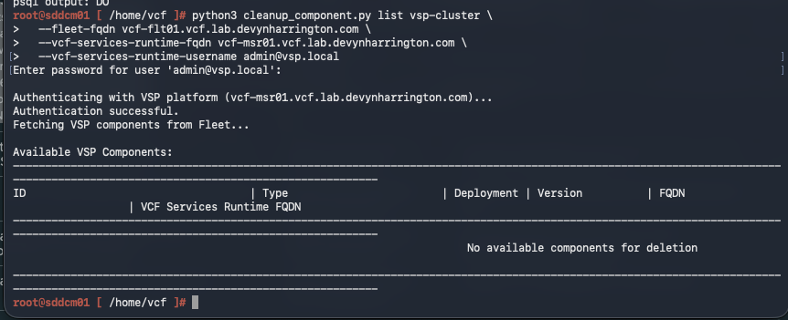 VCF component cleanup script reporting no stale VSP cluster available for deletion