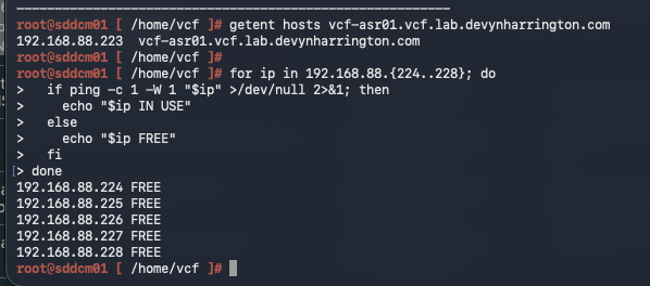 Terminal showing vcf-asr01 resolving to 192.168.88.223 and runtime pool addresses 224 through 228 free