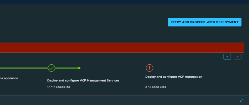 Focused VCF Installer view showing VCF Automation failed at two of eight tasks with the Retry and Proceed with Deployment button available