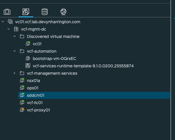 vSphere inventory showing the temporary VCF Automation bootstrap VM and services runtime template