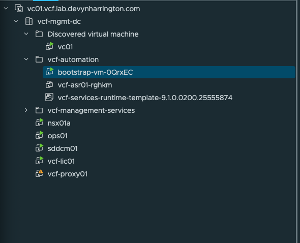 vSphere inventory showing VCF Automation bootstrap activity continuing in the management domain