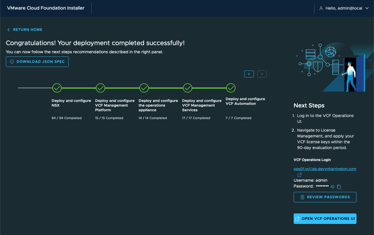 VCF Installer Congratulations screen showing the VCF 9.1 management-domain deployment completed successfully with all stages complete