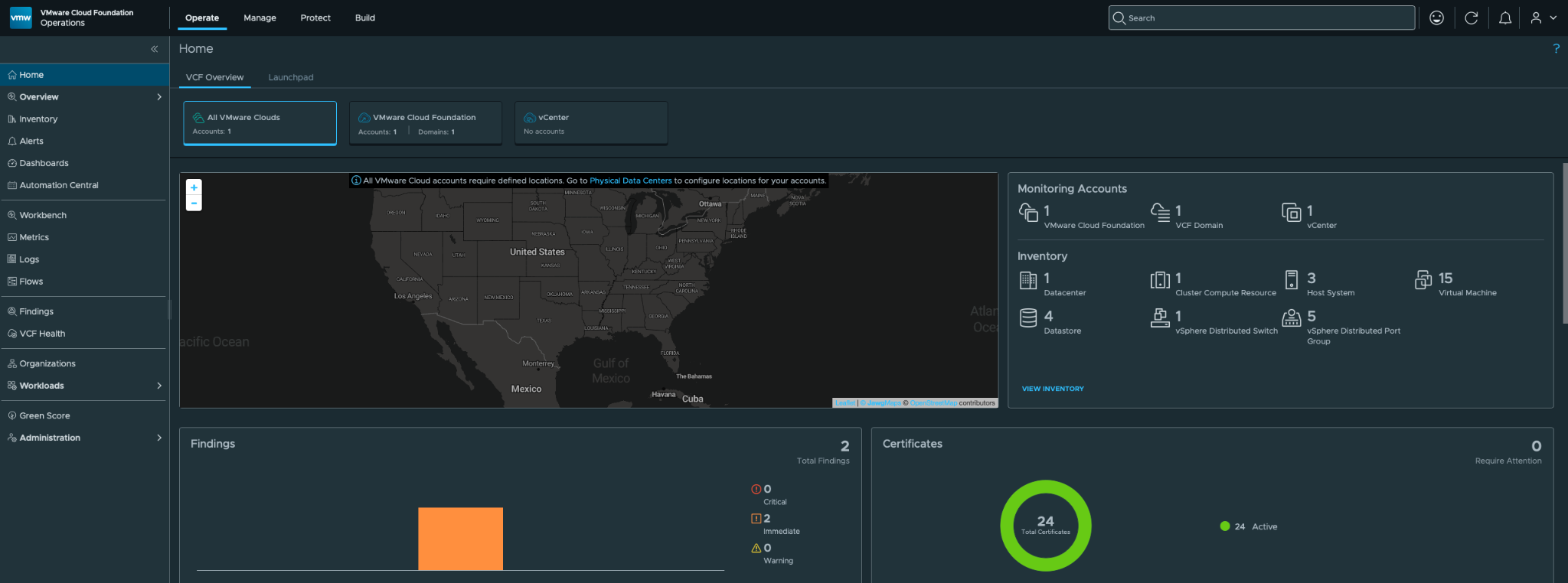 VMware Cloud Foundation Operations VCF Overview dashboard showing the newly deployed management-domain inventory
