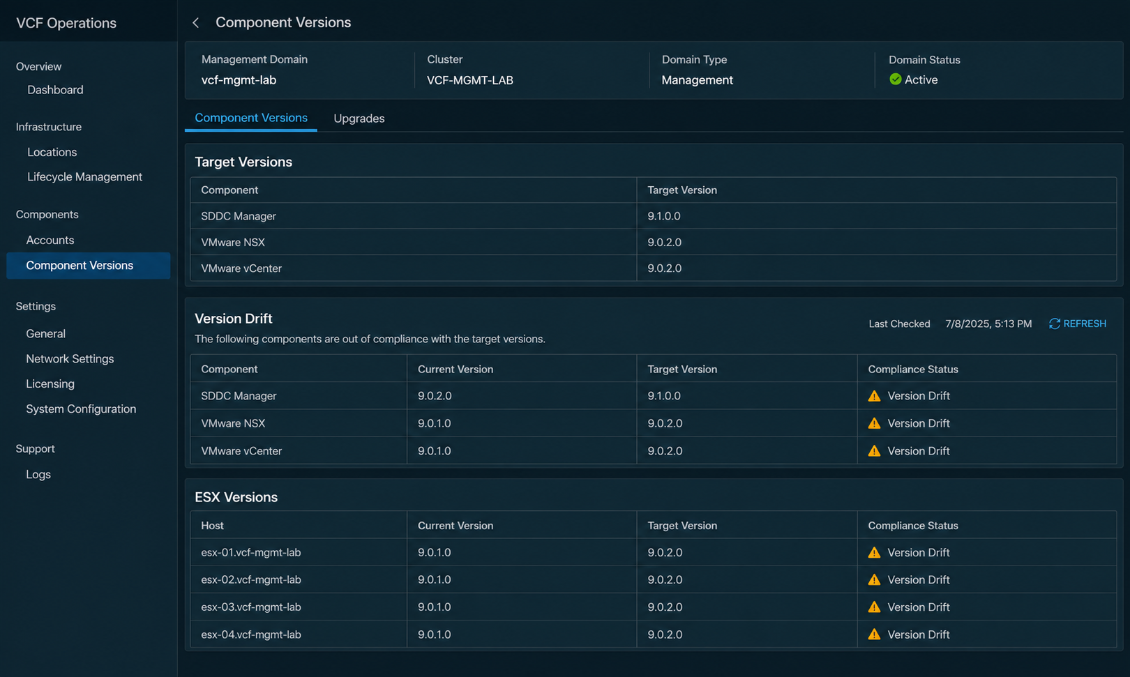 Sanitized component-version view illustrating the temporary version drift during a staged upgrade.
