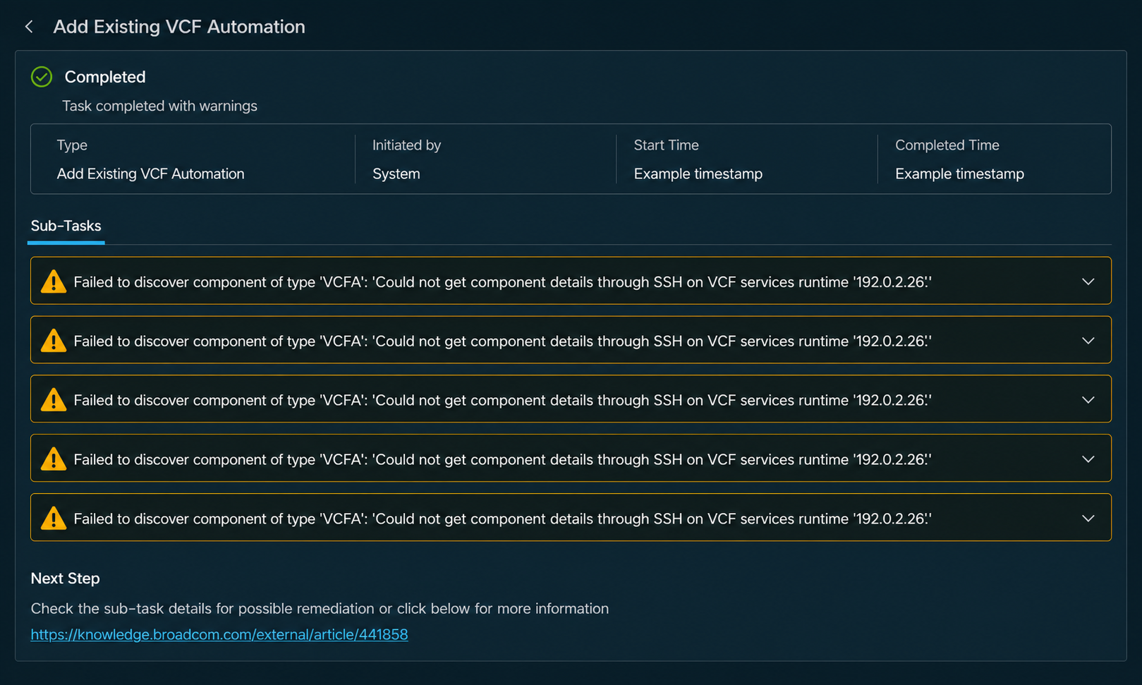 Sanitized task detail showing failed Automation discovery over SSH.