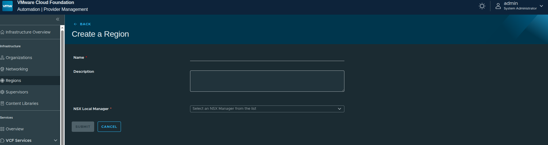 Create Region - Initial Screen