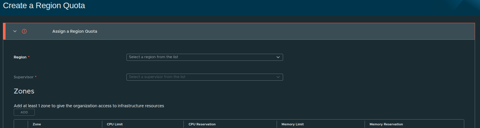 Create Region Quota - Initial Selection
