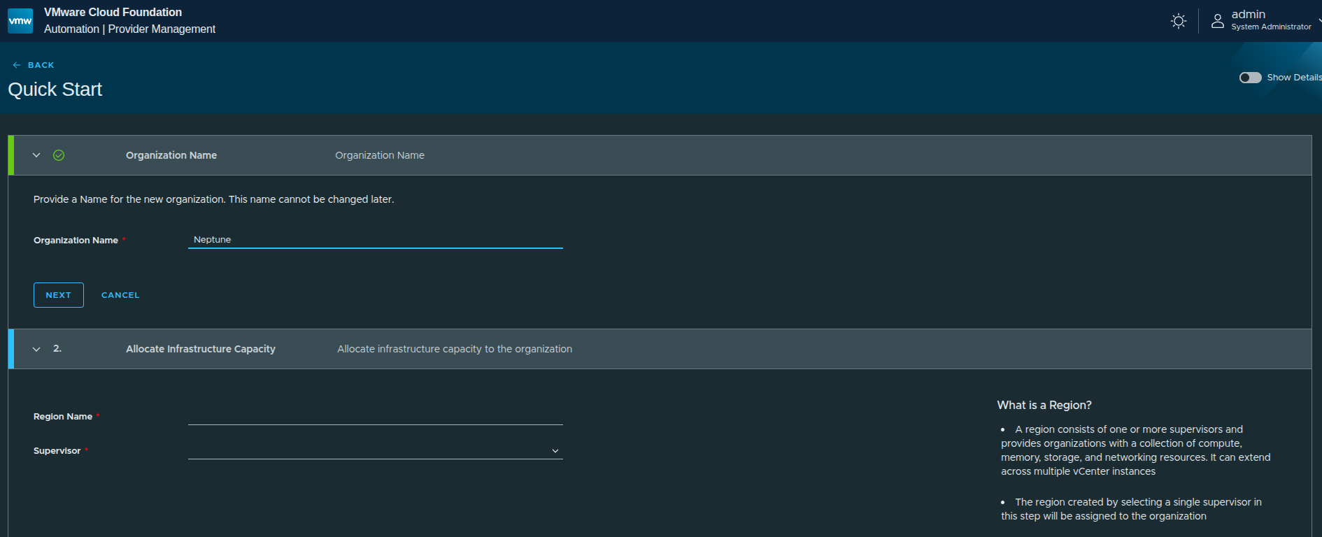 Quick Start Organization Name