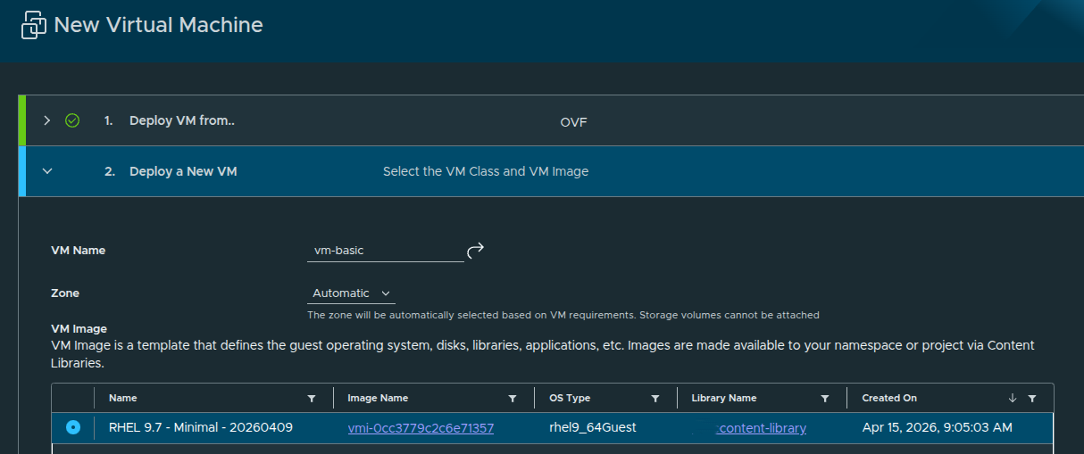 New VM basic configuration options.